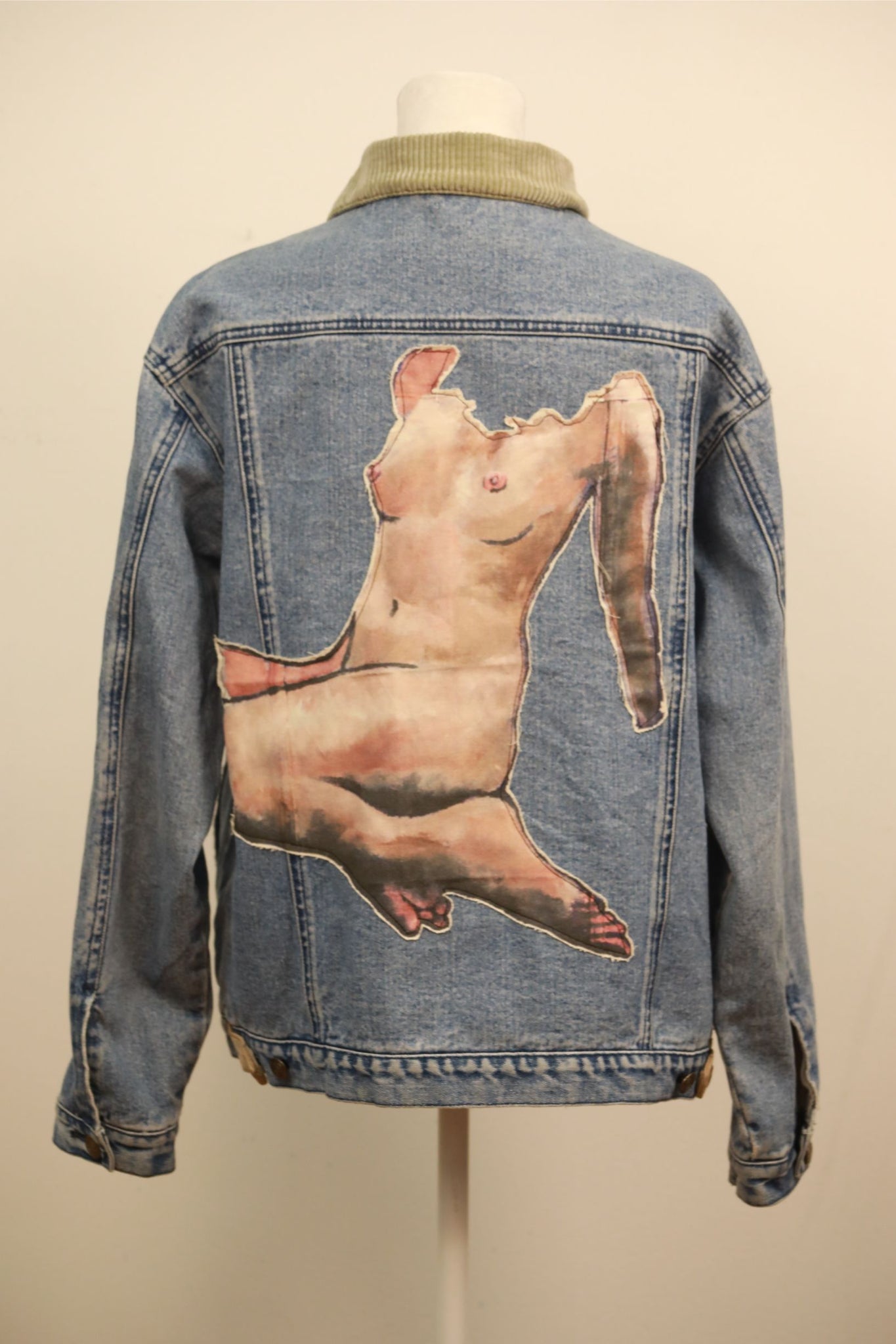 'Rosemary' Hand Stitched Denim Jacket with Corduroy Collar