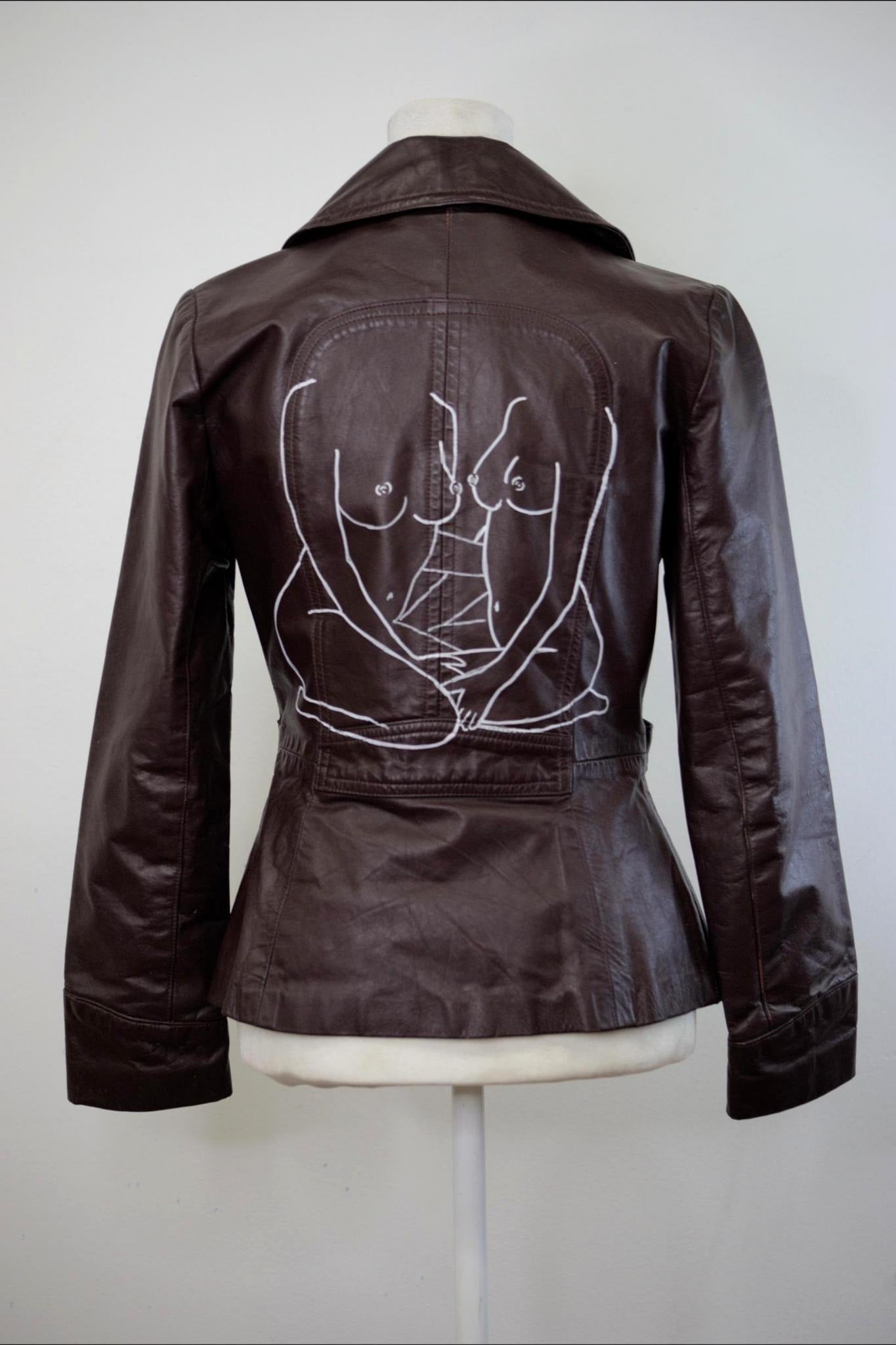 'Lovers' Linework Hand-Painted Leather Jacket