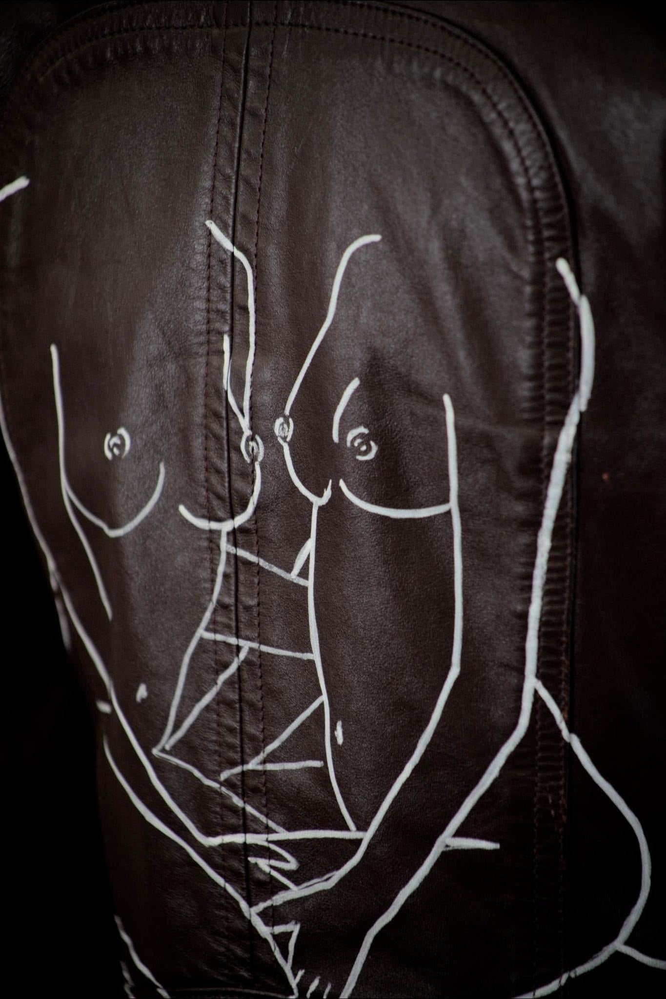 'Lovers' Linework Hand-Painted Leather Jacket